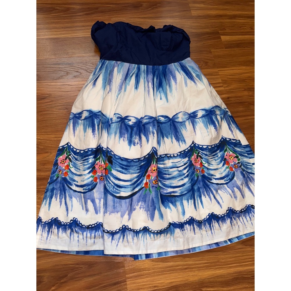 Nathalie Lete Paris Strapless Dress Floral Blue‎ & White Sundress Size 0